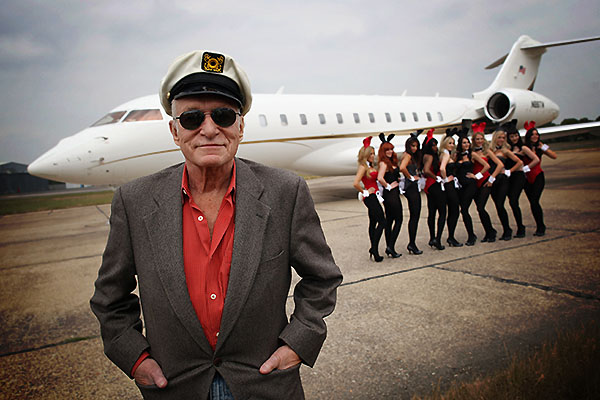 Hugh Hefner Arrives At Stansted Airport For Launch Of Playboy Club London