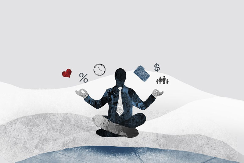 Silhouette of businessman in lotus position surrounded by work, love and finance worries