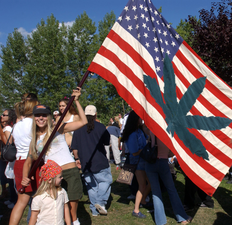 Betsy Burbank shows off her homemade flag at Seattle's Hempfest in August 2003.